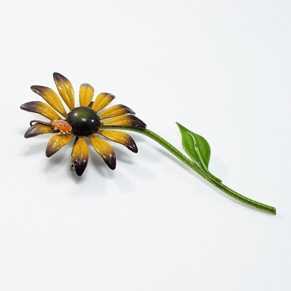 Vintage Brown Golden Yellow Flower Brooch, Lady Bug On Petal, 3 3/4 Inches - Picture 4 of 10